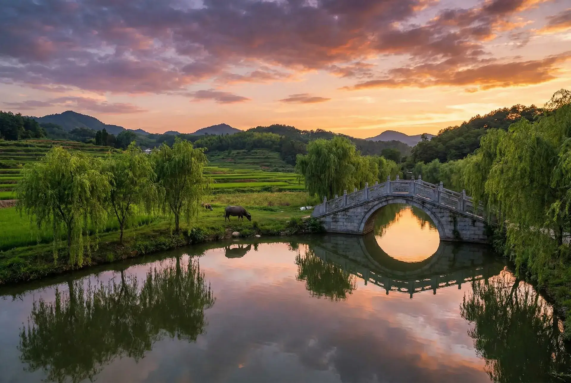 夕阳下的石拱桥与垂柳，水牛在河边吃草 - 磁力猫地址 乡村美景